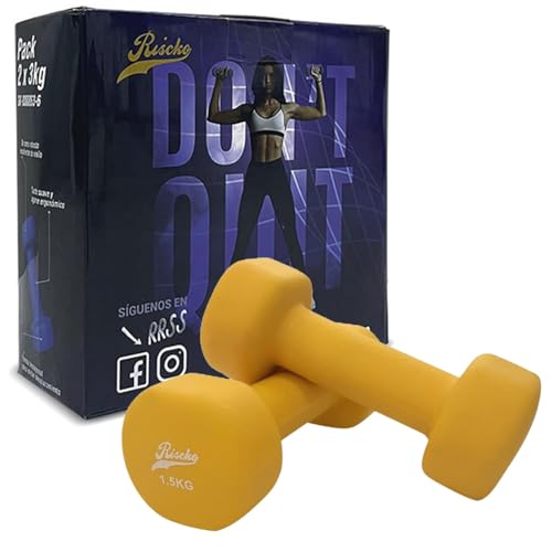 Riscko Juego De 2 Mancuernas De Neopreno 1,5Kg Cada Una Color AMARILLO, Pesas con Revestimiento de Neopreno Antideslizantes para Gimnasio y Ejercicio en Casa, Pack 2 Unidades 3Kg en Total