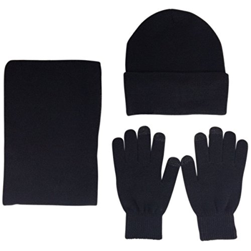 JOYEBUY Men 3 PCS Knitted Set Winter Warm Knit Hat + Scarf + Touch Screen Gloves (Black)
