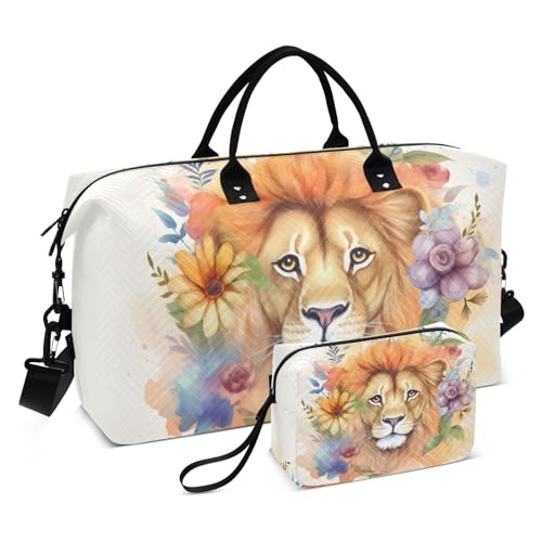 Large Travel Duffel Bag, Graland Lion Purple Sport Tote Gym Bag, Shoulder Weekender Overnight Bag for Women Men, Carry On Luggage with Toiletry Bag