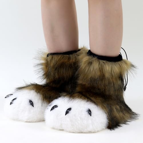 Image of Animal Fuzzy Slippers Bear Cat Wolf Dog Fox Fursuit Feet Paw Claw Shoes Furry Boots Costume Accessories for Adult Kids
