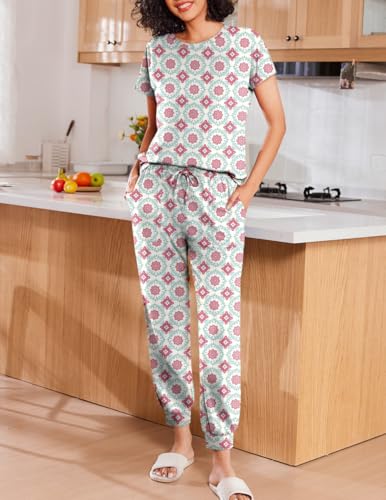 Image of Ekouaer 2 pack Womens Pajama Short Sleeve Jogger Pants Pjs Lounge Set | Pajama Sets with Pockets Comfy Sleepwear for Daily Wear, Sleep, Home, Sport, Workout