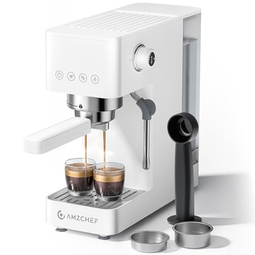AMZCHEF Siebträgermaschine 20 Bar Espresso Maschine mit LED-Display, Professionellem Milchaufschäumer & Edelstahl-Dampfstab, 1.5L Abnehmbarer Tank, 1350W Schnellaufheizung, Weiß