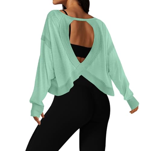 Image of UNIANKIYA Open Back Workout Tops for Women Long Sleeve Cropped Athletic Clothes Gym Running Yoga Low Impact Sports T Shirts