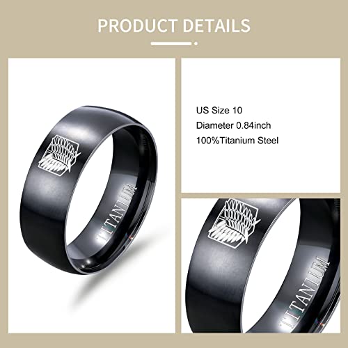 Buleens Rings For Men Aot Anime Boys Shingeki No Kyojin Band Ring Titanium Steel Mens Eren Yeager Boy Stuff Girls Engraved Black Ring Japanese Cosplay Accessories Vintage Chunky Fashion Cool Merch #TOP1
