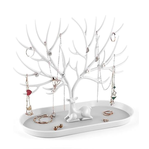 Antler Jewellery Stand,Tree Jewellery Organiser with Hanging Branches,Multi-Functional Jewelry Display Holder for Earrings,Necklaces,Rings and Bracelets,Compact White Design for Home Decor,White