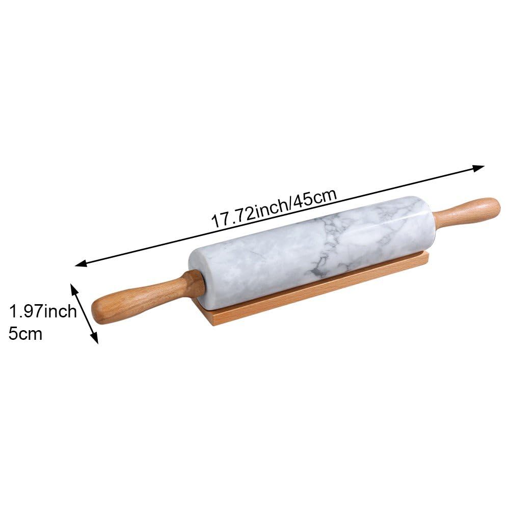 Mattarello in Marmo con Culla in Legno Manico Spesso Set per Cottura Forno, Rullo Lucido di qualità Premium 45 Cm per Impasto della Pizza, Fondente, Crosta di Torta, Superficie Antiaderente