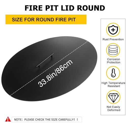 Anyerosa 34\" Fire Pit Cover Lid Round Outdoor Fireplace Cover Lid Heat Resistant Flat Fire Pit Burner Pan Cover for Round Patio Fire Pit Prevent Sparks, Snuff Campfire