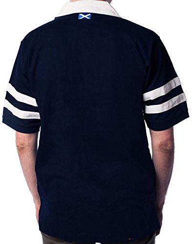I LUV LTD Mens Rugby Shirt Scotland Thistle Logo 2 Stripe Short Sleeve Navy Size Medium