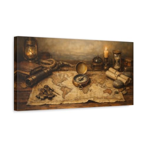 Carte du monde vintage marron or tableau toile salon rustique