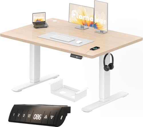 Flamaker Höhenverstellbarer Schreibtisch 120 x 70 cm Schreibtisch Höhenverstellbar Elektrisch mit Memory Funktion Computertisch mit Kabelmanagement Standing Desk Stehpult Bürotisch Beige