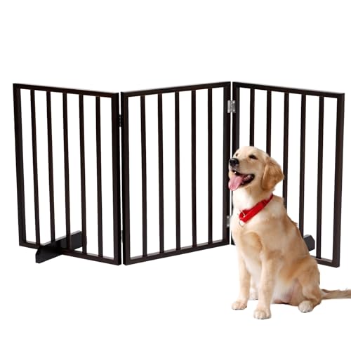 BONNLO Free Standing Dog Gate Indoor Foldable Pet Gate for Dogs and Puppy 24 Height Wooden Dog Gates for Doorways Extra Wide/Stairs/Hallways (Walnut 3 Panel)
