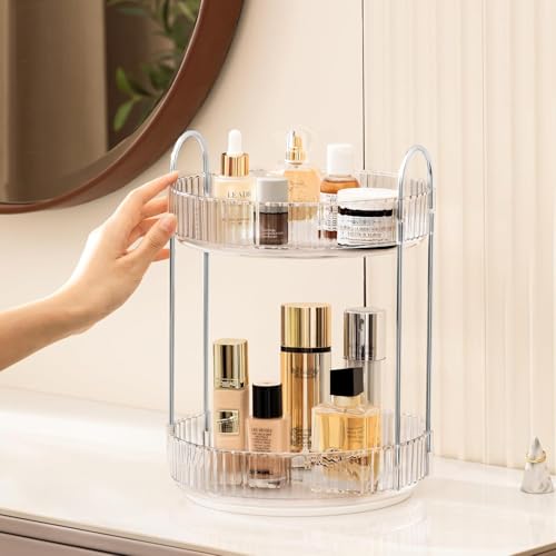 Image of Golden bird 360 Rotating Makeup Organizer Stand Cosmetic Storage with Hooks, Dressing Table Organiser, Organizer Storage Box for Make-up Accessories (Clear White, 2 Tier)