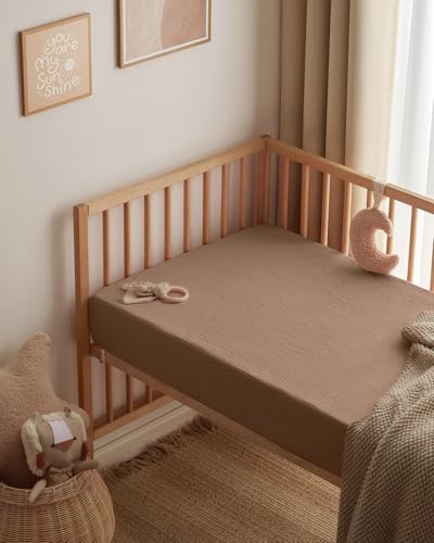 Image of Blissful Diary Muslin Mini Crib Sheets, 2 Pack, Brown Checkboard & Brown | fitted for pack n play, soft and breathable cotton, boho style, easy care for machine wash, gifts for boys and girls