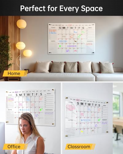 Acrylic Wall Calendar with Dry Erase Surface | 28x20 Clear Monthly Planning Board | Includes 8 Color Markers, Eraser, Multi-Color Standoff Screws, and Installation Kit | Perfect for Home & Office - Thumbnail 6