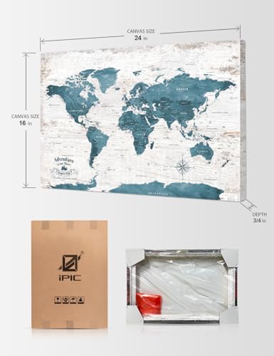 Image of IPIC - Vintage Teal World Map Canvas Wall Art, Push Pin World Map to Track Your Travels, Rustic Style Wall Decor for Home, Office, Living Room or RV, Ready to Hang, Made in USA