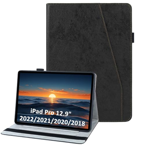 laddutoi Cover per iPad Pro 12.9 2022/2021/2020/2018 (6a/5a/4a/3a Gen), Custodia in PU Pelle, Supporto Stand, Fessura e Slot per Carte, Flip Folio Tablet Cover iPad Pro 12.9, Nero