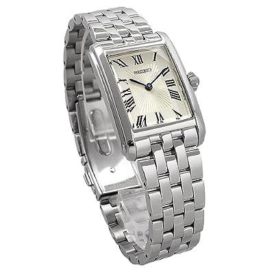 Seiko SWR083 Rectangular Watch - Essentials Collection - Roman Numeral Dial, Blue Hands, Stainless Steel Bracelet, and 50m Water Resistance