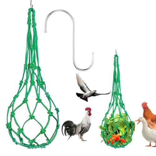 🐓DIVERTIMENTO ALIMENTARE: Il sacchetto a rete per l'alimentazione rende facile mettere diverse verdure e frutta nel sacchetto e appenderlo al recinto o al pollaio, un gruppo di galline circonda un cavolo appeso e becca la sua strada con grande gioia.