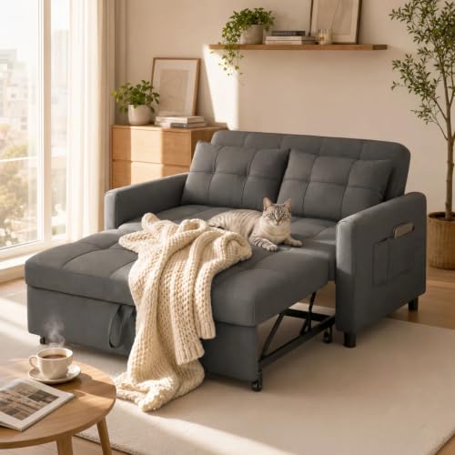 Gizoon 3-in-1 Convertible Loveseat Sleeper Couch Bed, 71.7' Extended Pull Out Sofa Bed, Linen Fabric Small Futon Sofa Bed with 2 Pillows for Apartment, Living Room, Bedroom, Dark Grey