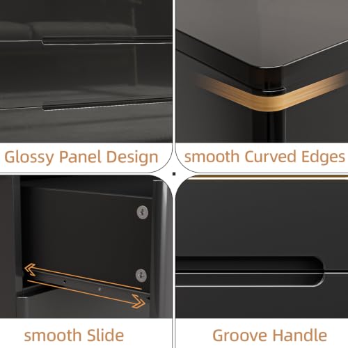 Image of Black Dresser for Bedroom, 47.2 inch Wide 8 Drawer Dresser, Modern High Gloss Dresser Chest of Drawers, Wooden Dressers Organizer for Bedroom, Closet