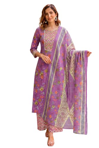 Image of MIRCHI FASHION Women's Straight Fit Pure Cotton Embellished Floral Printed Kurta Set with Dupatta and Trouser