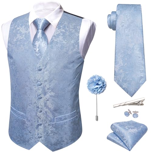 Image of Barry.Wang Mens Dusty Blue Suit Vest Jacquard Silk Ties Handkerchief Cufflinks Waistcoat Set Formal Wedding Tuxedo 5PCS