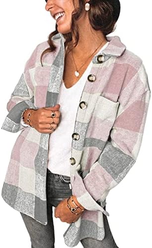 PRETTYGARDEN Women's 2023 Fall Clothes Plaid Shacket Jacket Long Sleeve Button Down Flannel Shirts Fashion Blouse(Pink,Large)