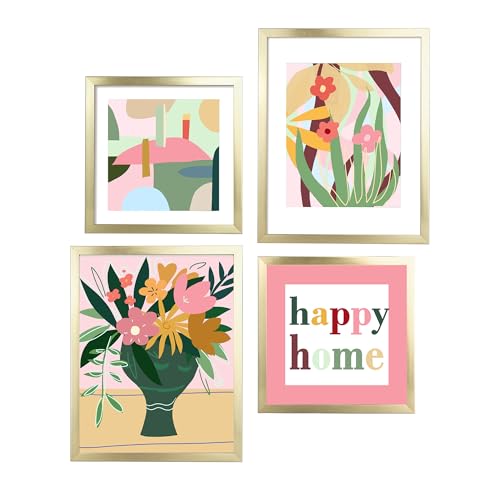 ArtbyHannah Modern Botanical Wall Art, Gold Wall Frames with Colorful