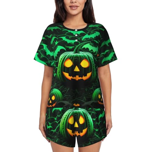 XKBFKLKMC Green Ghost Horror Halloween Womens Pajamas Set Short Sleeve Summer Pj Sets, Round Neck Casual Loose Sleepwear Nightwear Loungewear, Drawstring With Pocket, S-4xl