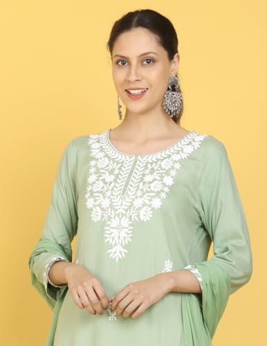 Image of Kaari Women's Chikankari Kurta Set with Dupatta -Straight Fit | Chiffon Dupatta with Embroidered Band | Straight Pant with Side Pocket | Kurta Set for Women