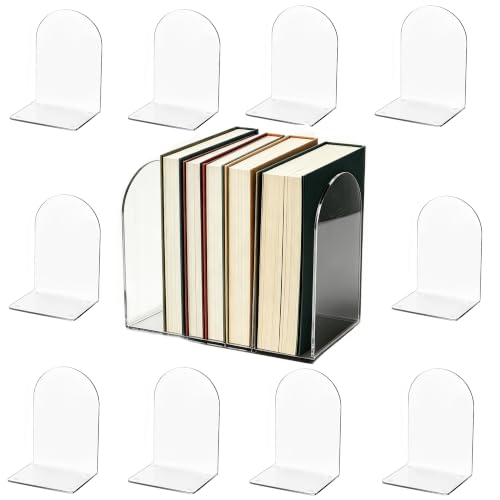 Image of Acrylic Book Ends 12 Pcs, Clear Bookends, Bookend Organizer for Shelves | Transparent Book Stoppers, Decorative Book Holder Stand for Heavy Books, CD, Book Shelves, File, Video Games
