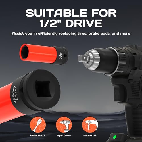 Image of 7-Piece 1 /2 inch Drive Lug Nut Impact Socket Set (16.5-22.5mm), Non-Marring Design for Swollen or Seized Wheel Nuts, CR-MO Steel