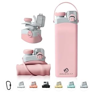 Collapsible Water Bottle – 20oz Silicone Water Bottle with Straw and Hook – Portable and Foldable Water Bottle for Office, Hiking, Sports – Leakproof and BPA-Free Travel Bottle (Pink)
