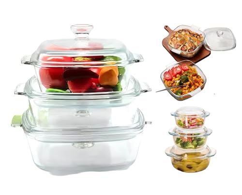 Reldor 3 PCS Glass Casserole Dishes With Lids Oven Proof Microwave Freezer Save With Handles (Clear, Square 0.8/1.2/1.5 Ltr)