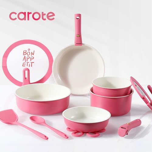 CAROTE 18Pcs Pots and Pans Set Non Stick, Nonstick Ceramic Cookware Set with Detachable Handle, Non Toxic Kitchen Cooking Sets, PFOA Free, Oven Safe, Stackable Induction Ready, Pink - Image 4