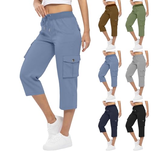 Womens Cargo Capris Drawstring Elastic Waist Wide Leg Cropped Cargo Pants with 6 Pockets Casual Travel Hiking Pants