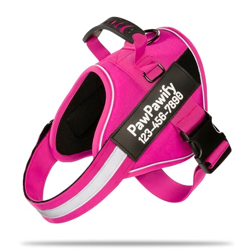PawPawify Custom No Pull Dog Harness with Name and Phone Number, Heavy Duty Personalized Pet Vest to Prevent Tugging, Pulling, or Choking, Training and Walking (New Pink, S (10-19LBS))