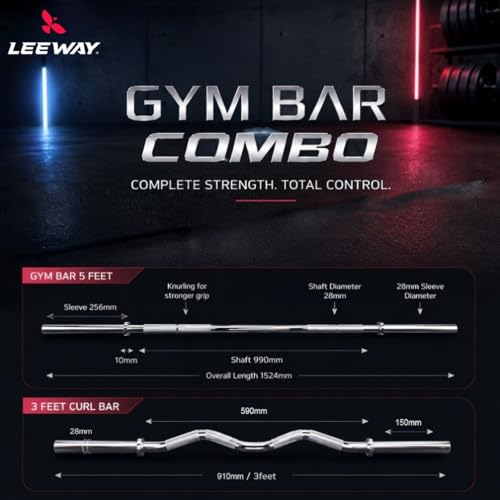 Image of LEEWAY Gym Barbell Rod 5ft Straight & 3Ft Curl Bar | Combo (5FT + 3FT)| 28mm Gym Weight Plates Barbell for Home Workout | Weight Lifting Biceps Rod for Exercise at Home| Compatible 1-Inch Plates Road