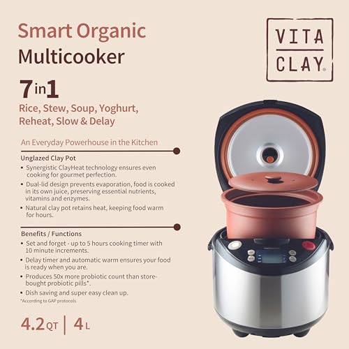 VitaClay-Smart-Organic-Clay-Pot-Multi-Cooker-Toxin-Free-Clay-Rice-Cooker-Delay-Start-Slow-Cooker-Stew-Cooker-Electric-Soup-Pot-Yogurt-Maker-with-Natural-Earthen-Clay-Crock-8-Cup-42-Quart