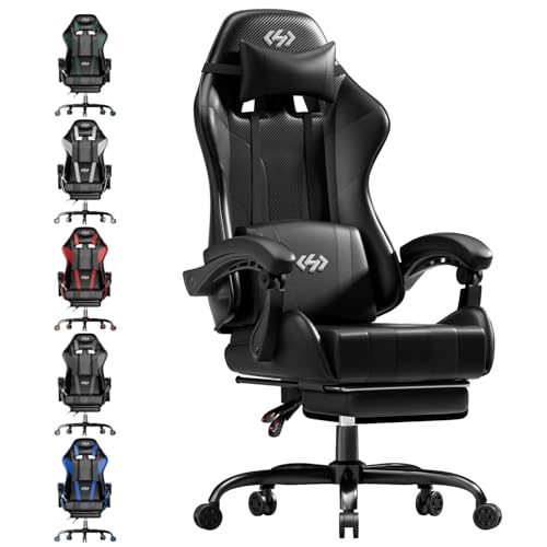 HLONONE Gaming Stuhl, Ergonomischer Gaming Sessel mit Taschenfederkissen, Racing Gamer Stuhl mit Fußstütze, Lendenwirbelstütze, Verstellbarer Bürostuhl 150 kg Belastbarkeit, PC Stuhl Schwarz