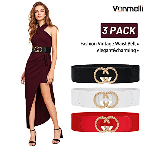 Vonmelli 3 Pack Women Wide Elastic Waist Belt Vintage Stretchy Waistband With Retro Double O-Ring Buckle For Dresses Black+White+Red M #TOP2
