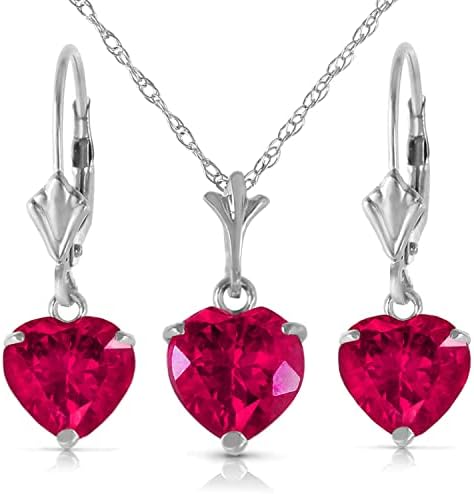 Galaxy Gold GG 14K Solid White Gold Lab Grown Heart Ruby Necklace and Earrings Set Grade AAA
