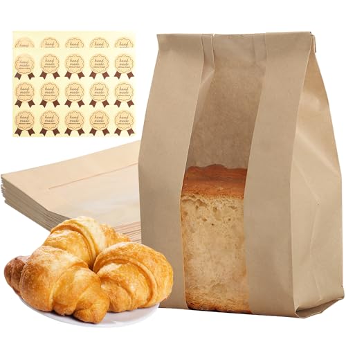 30PCS Kraft Food Packaging Bag with Front Window Bread, Large Paper Bread Bags for Homemade Bread With Closure Stickers,Toast Bags for Cookies and Baked Gifts（30x21x10cm）
