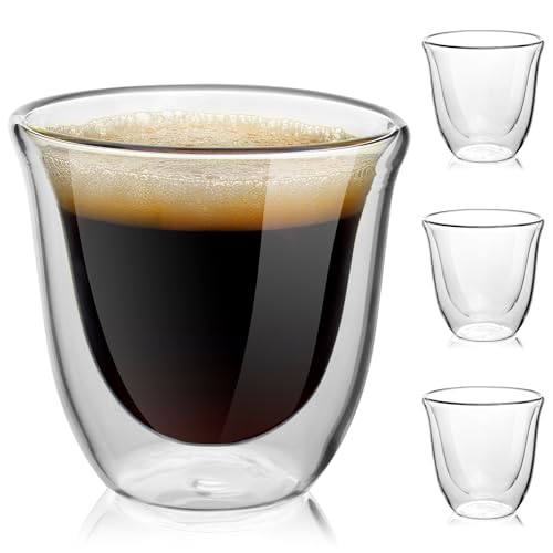Tuksik Double Wall Insulated Espresso Cups Set of 4-3oz Borosilicate Glass, Heat & Thermal Shock Resistant, Keeps Hands Cool, for Home, Cafe, Gift