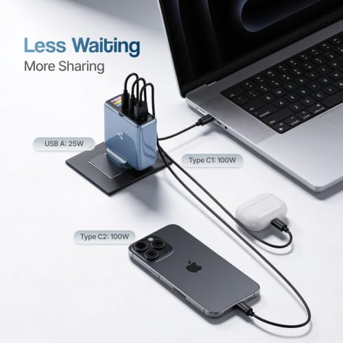 Image of Ambrane 100W Fast Charging Display Charger, Display to Show Power Details, 3 Ports - 2 Type C, 1 USB, Type C PD Fast Charging for MacBook, iPhone, Type C Laptops, Other Devices (Charge D100, Blue)
