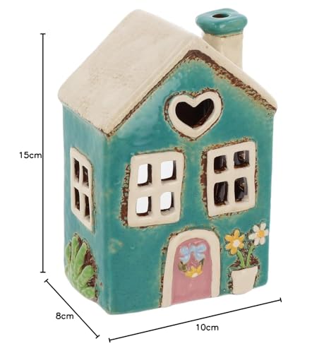 Miniatura 6 de Shudehill Giftware Village Pottery - Portavelas De Cerámica Con Diseño De Casa Floral En Colores Pastel Corazón Verde Azulado