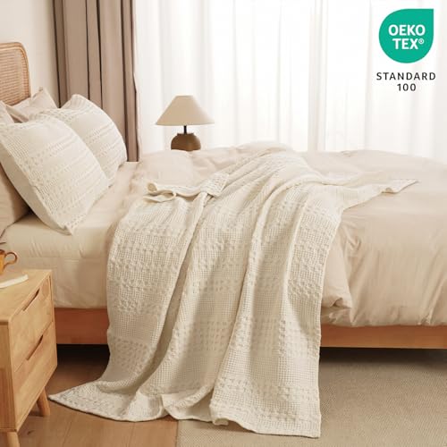 Image of PHF 100% Cotton Waffle Throw Blanket for Couch, Lightweight Breathable and Soft for Summer, Luxury Aesthetic Waffle Weave Blanket for Home Decor & Office, Gifts for Women, 50 inchx60 inch, Natural