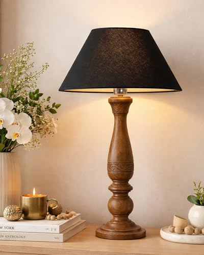 Image of Homesake Handcrafted Wooden Table Lamp for Bedroom & Living Room|Decorative Bedside Reading Lamp with Fabric Shade, E27 Holder|Bulb Included|Black Floral Carved Base for Home Decor, Black