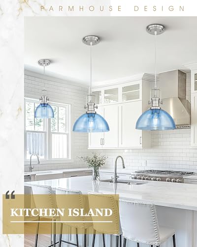 Image of 10.5 inch Brushed Nickel Pendant Lights Kitchen Island, Blue Shade | Farmhouse Vintage Hanging Light for Dining Room, Blue Seeded Glass Shade, Adjustable Cord, E26 Base, AD-22151-1PL-BK