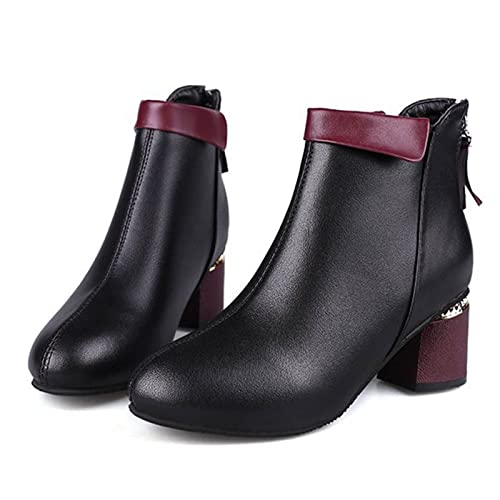 JJYY Women Retro Ankle Boots Ladies Fashion Leather Patchwork Booties Match Color Round Toe Block Heel Back Zipper Short Tube Shoes Autumn Winter Warm Waterproof Knight Boots Motorcycle Snow Boots
